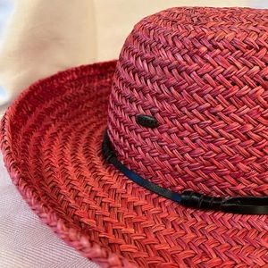 Scala wide brim red straw hat, 57cm,‎ leather band with Scala emblem.